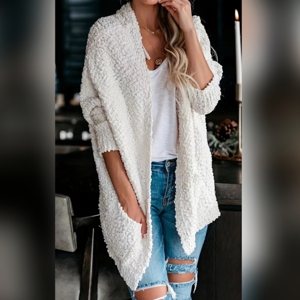 Umgee Ivory Open Front Drop Shoulder Popcorn Cardigan Women's Sweater Size S - Picture 1 of 16